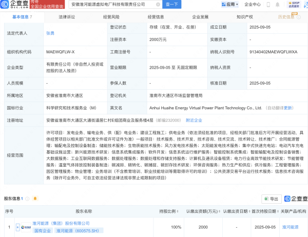 添利富 淮河能源在安徽成立虚拟电厂科技公司